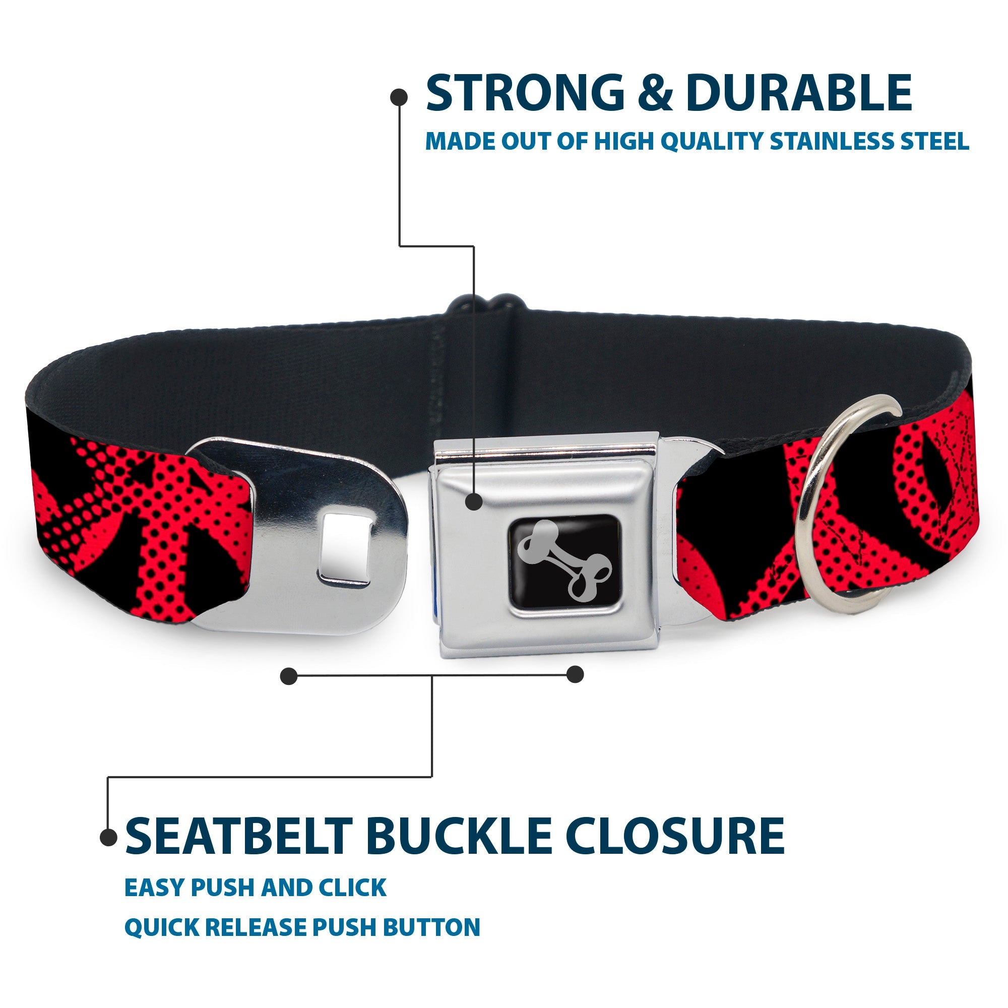 Dog Bone Seatbelt Buckle Collar - Peace Dots Black/Fuchsia