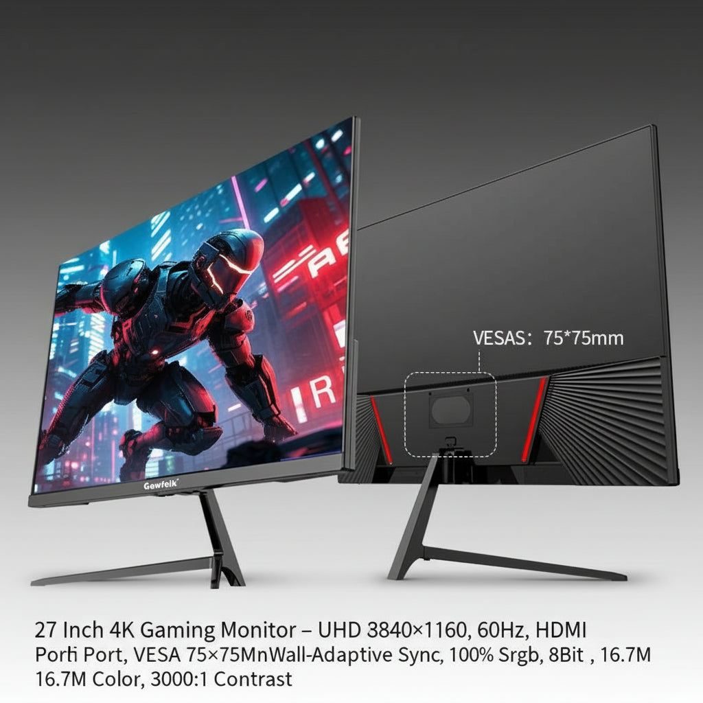 27 Inch 4K Gaming Monitor – UHD 3840×2160, 60Hz, HDMI Port, VESA 75×75Mm Wall-Mount, Adaptive Sync, 100% Srgb, 8Bit, 16.7M Color, 3000:1 Contrast