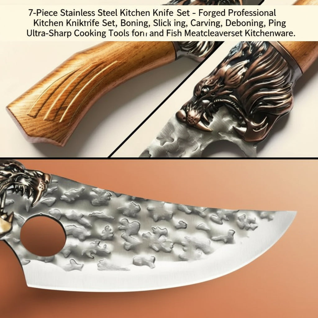 7-Piece Stainless Steel Kitchen Knife Set - Forged Professional Kitchen Knife Set, Boning, Slicing, Carving, Filleting, Deboning,Ping, Ultra-Sharp Cooking Tools for Meat and Fish Meatcleaverset Kitchenware