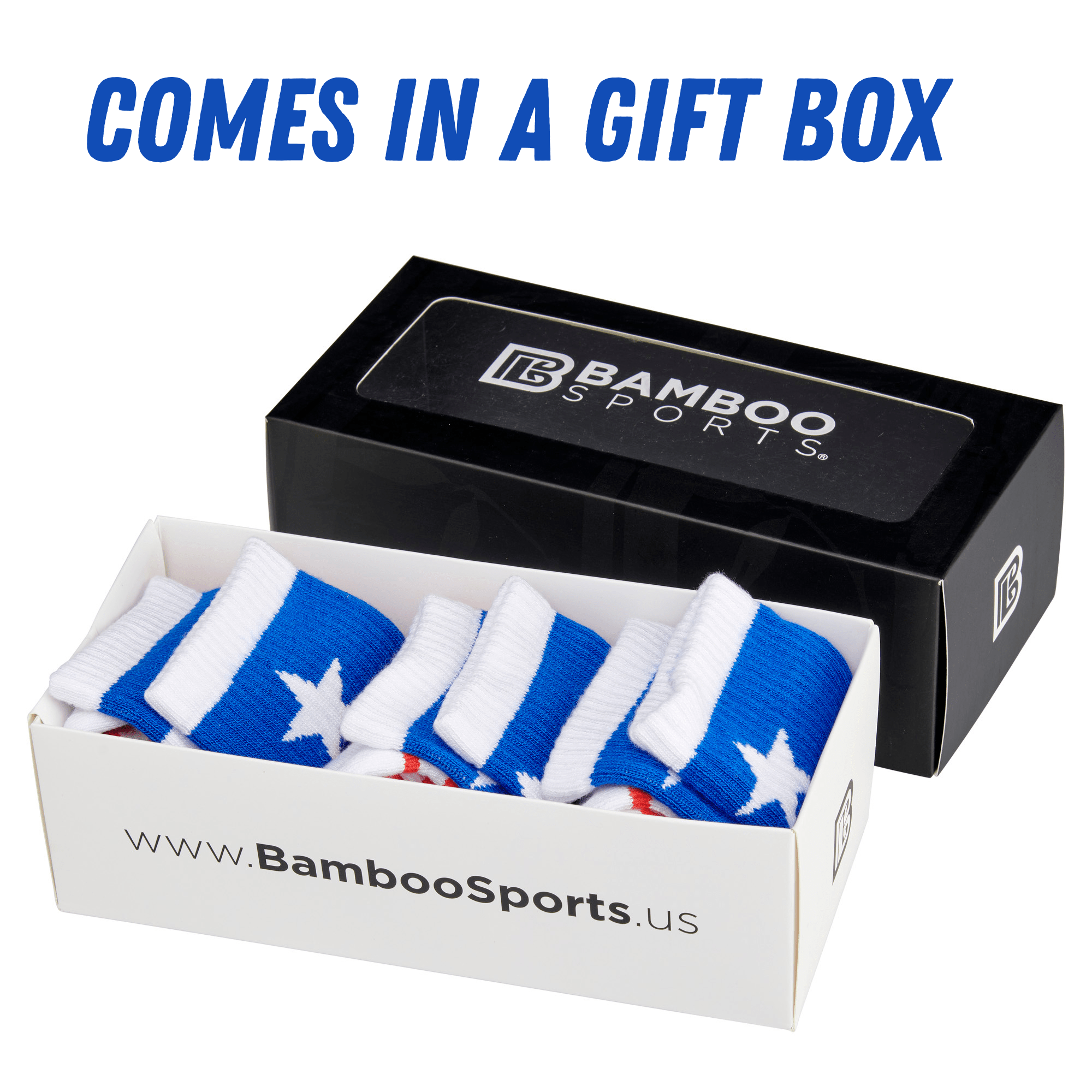 Bamboo Sports Red White and Blue Premium Bamboo Rayon Crew Work Socks- Moisture Wicking, Odor Eliminating Red, White, and Blue American Flag 4th of July Socks for Men and Women Gift Box 3 Pair
