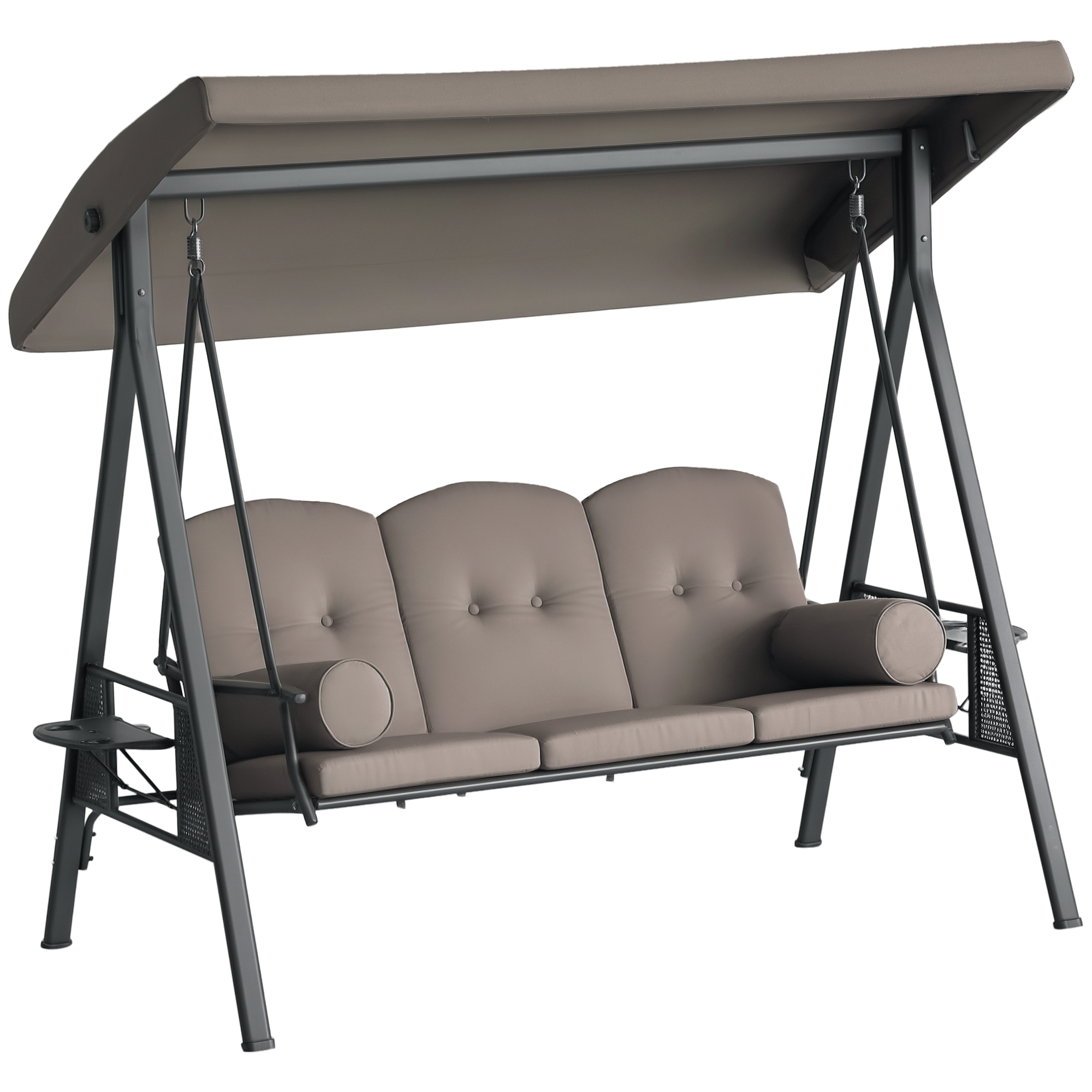 3-Seat Outdoor Patio Swing Chair Porch Glider with Adjustable Canopy Removable Cushion Pillows Side Trays for Garden Poolside Backyard Brown